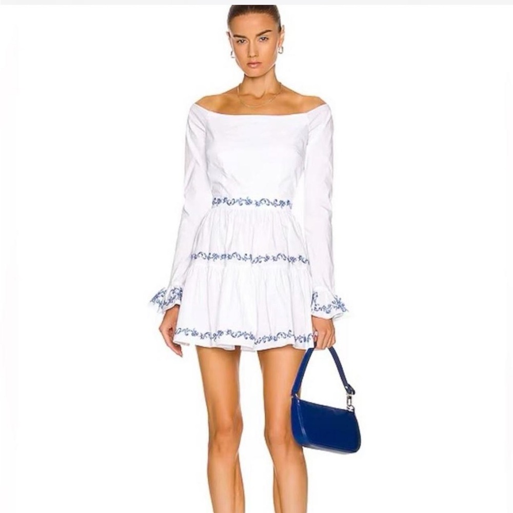 White Off-Shoulder Dress with Blue Embroidery